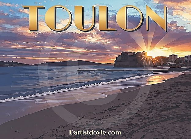 Coucher de soleil sur la plage de Toulon, ciel coloré et reflets sur l'eau.