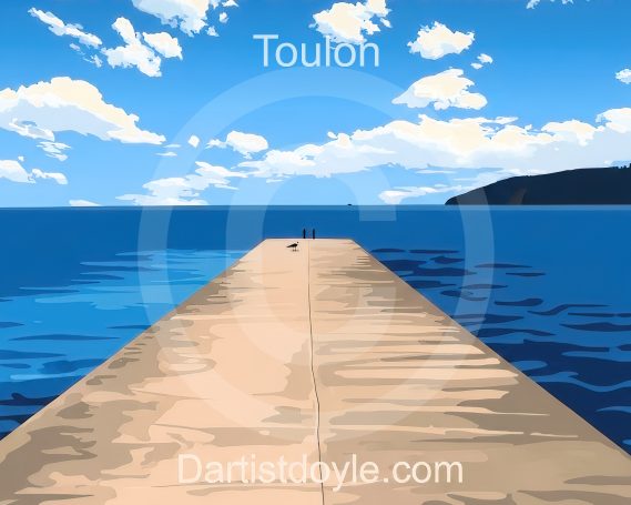 Vue d'un môle s'étendant vers la mer, avec un ciel bleu et quelques nuages.