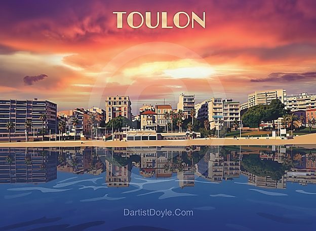Vue panoramique de Toulon avec un coucher de soleil et des bâtiments en arrière-plan.