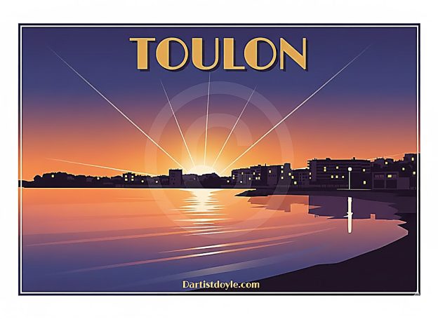 Coucher de soleil sur Toulon, reflet doré sur l'eau et silhouettes de la ville.