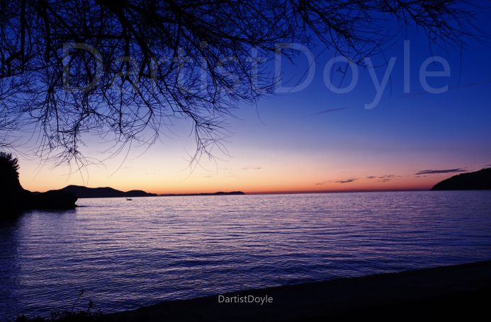 Coucher de soleil sur un lac calme, avec des silhouettes d'arbres en premier plan.