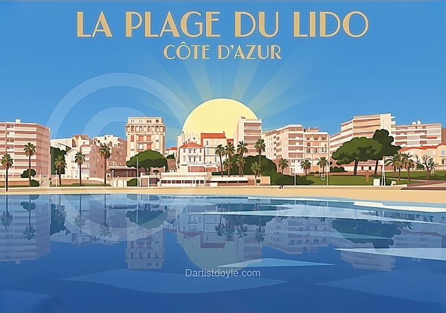 Plage du Lido au coucher de soleil, avec des bâtiments en arrière-plan.